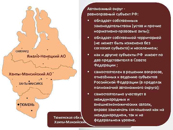 Автономный округ - СПЕЦИФИКА ПРАВОВОГО равноправный субъект РФ: § Ямало-Ненецкий АО Ханты-Мансийский АО СТАТУСА
