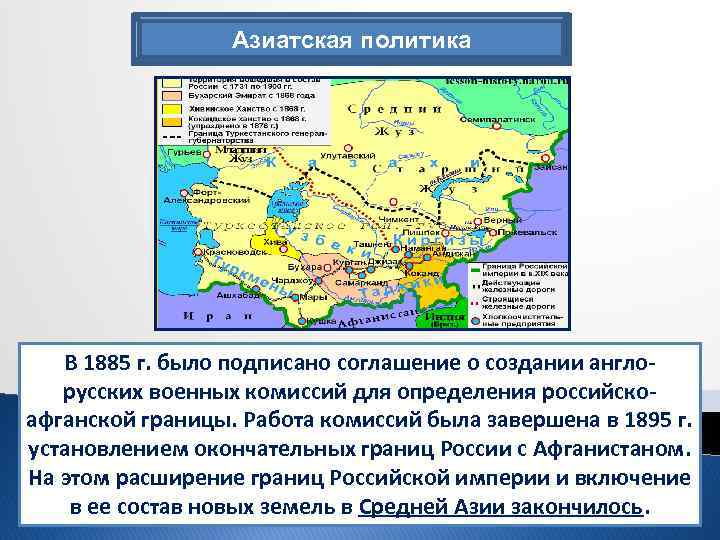 Азиатская политика В 1885 г. было подписано соглашение о создании англорусских военных комиссий для