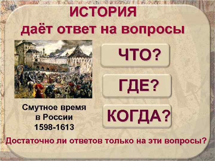 ИСТОРИЯ даёт ответ на вопросы ЧТО? ГДЕ? Смутное время в России 1598 -1613 КОГДА?