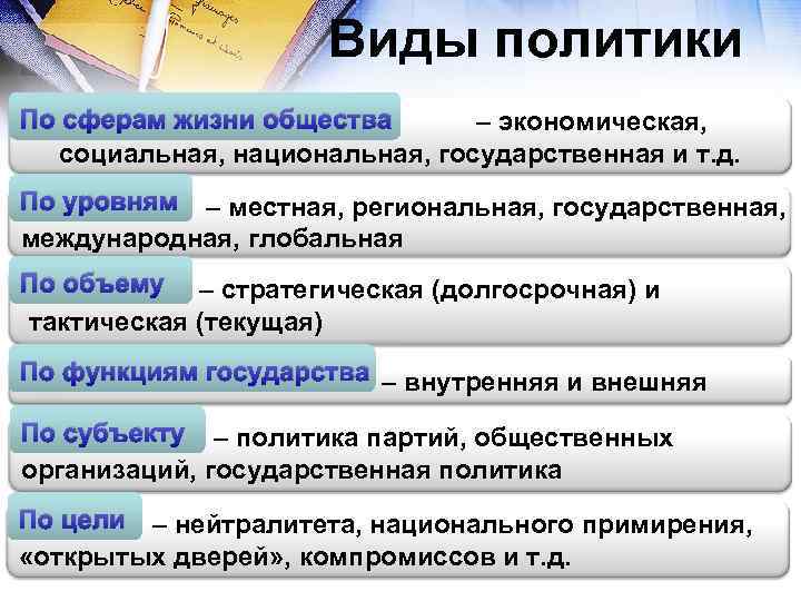 Виды политики По сферам жизни общества – экономическая, социальная, национальная, государственная и т. д.