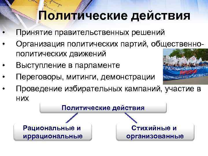 Политические действия • • • Принятие правительственных решений Организация политических партий, общественнополитических движений Выступление