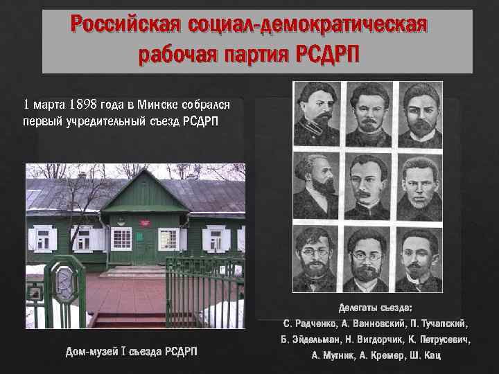 Российская социал-демократическая рабочая партия РСДРП 1 марта 1898 года в Минске собрался первый учредительный