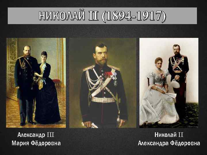 НИКОЛАЙ II (1894 -1917) Александр III Мария Фёдоровна Николай II Александра Фёдоровна 