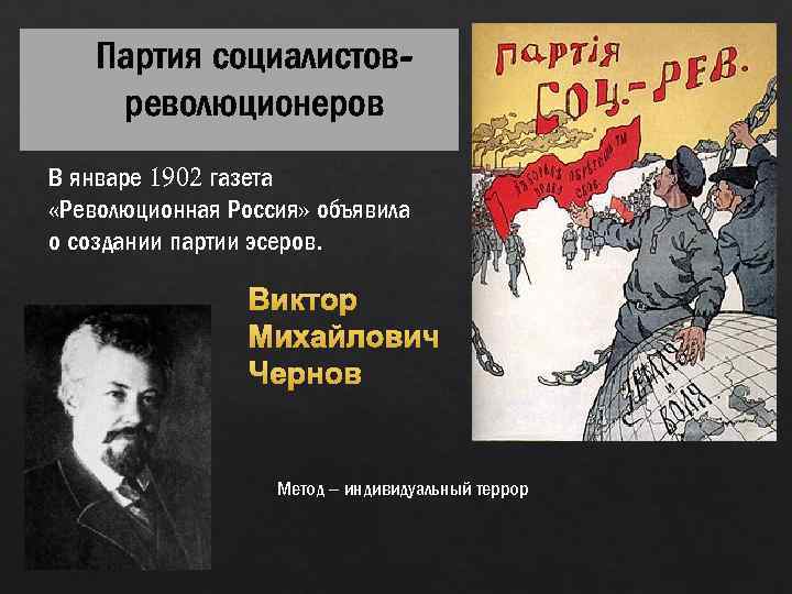 Партия социалистовреволюционеров В январе 1902 газета «Революционная Россия» объявила о создании партии эсеров. Виктор