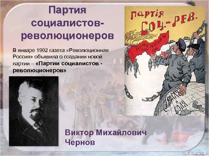 Партия социалистовреволюционеров В январе 1902 газета «Революционная Россия» объявила о создании новой партии –