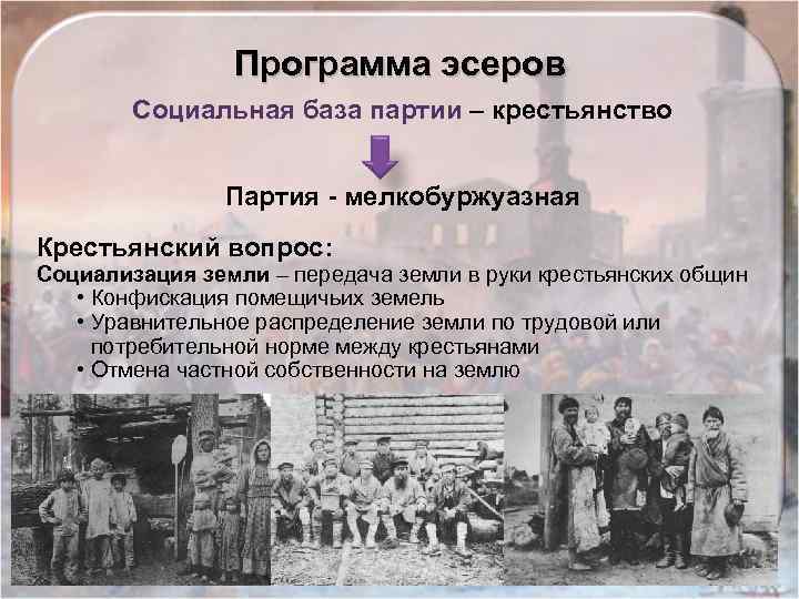 Программа эсеров Социальная база партии – крестьянство Партия - мелкобуржуазная Крестьянский вопрос: Социализация земли