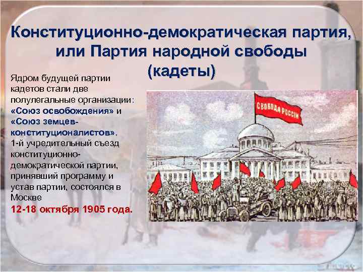 Конституционно-демократическая партия, или Партия народной свободы (кадеты) Ядром будущей партии кадетов стали две полулегальные