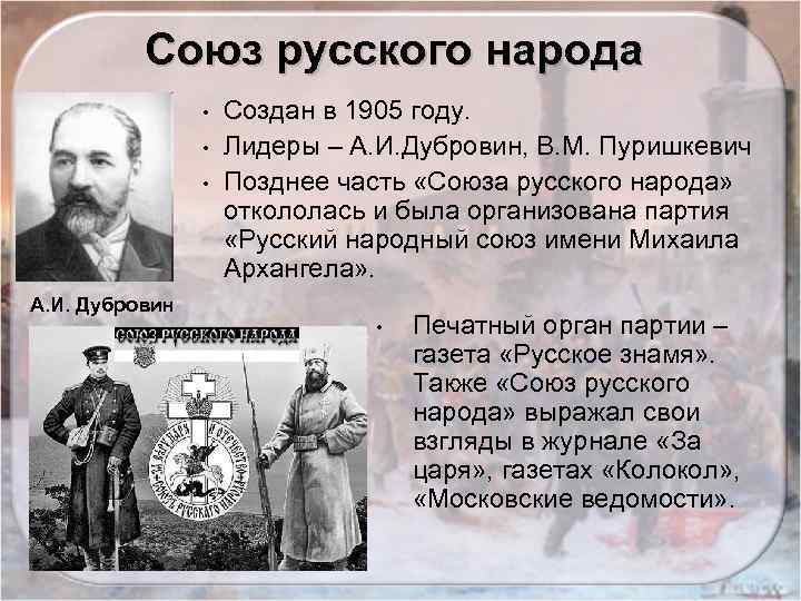 Союз русского народа • • • Создан в 1905 году. Лидеры – А. И.