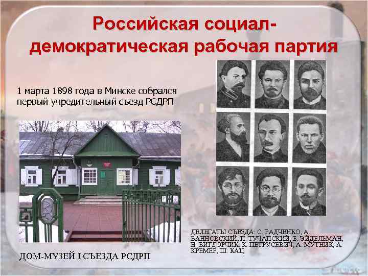 Российская социалдемократическая рабочая партия 1 марта 1898 года в Минске собрался первый учредительный съезд