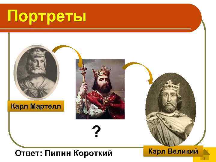 Портреты Карл Мартелл ? Ответ: Пипин Короткий Карл Великий 