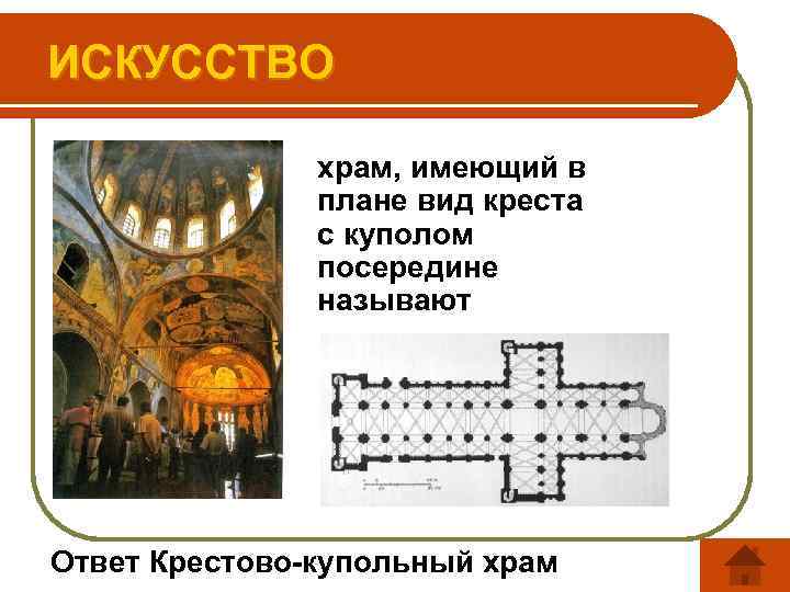 ИСКУССТВО храм, имеющий в плане вид креста с куполом посередине называют Ответ Крестово-купольный храм