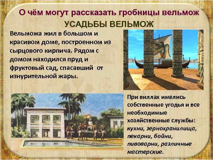 О чём могут рассказать гробницы вельмож УСАДЬБЫ ВЕЛЬМОЖ Вельможа жил в большом и красивом