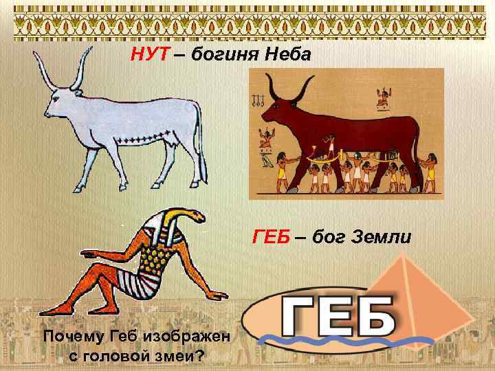 НУТ – богиня Неба ГЕБ – бог Земли Почему Геб изображен с головой змеи?