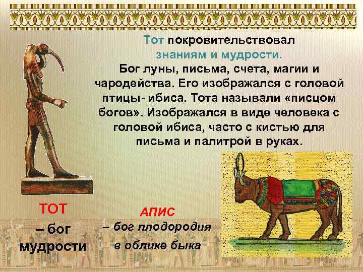 Тот покровительствовал знаниям и мудрости. Бог луны, письма, счета, магии и чародейства. Его изображался