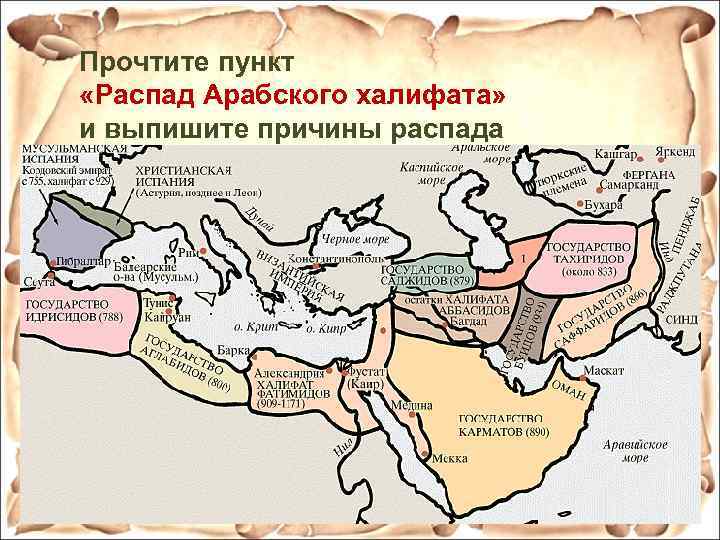 Прочтите пункт «Распад Арабского халифата» и выпишите причины распада Огромный размер халифата Религиозный аспект