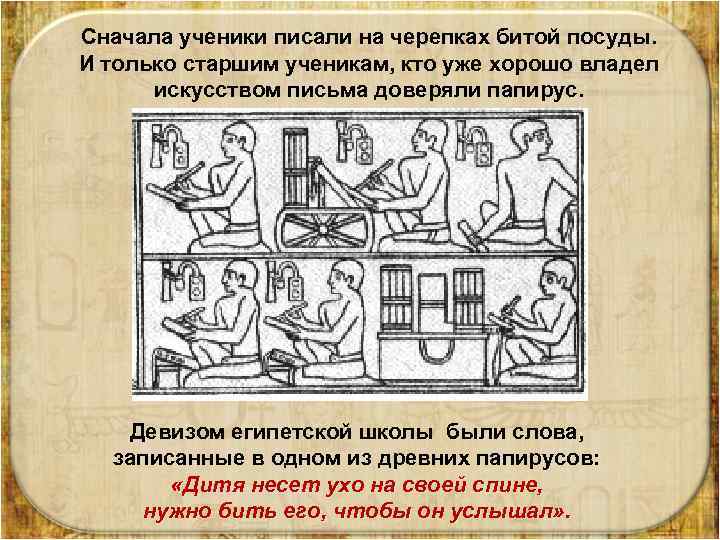 Сначала ученики писали на черепках битой посуды. И только старшим ученикам, кто уже хорошо