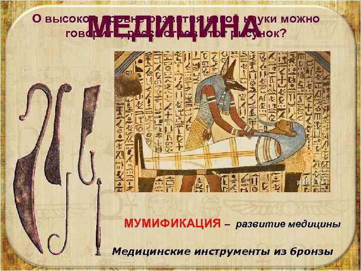МЕДИЦИНА О высоком уровне развития какой науки можно говорить, рассмотрев этот рисунок? Египтяне знали