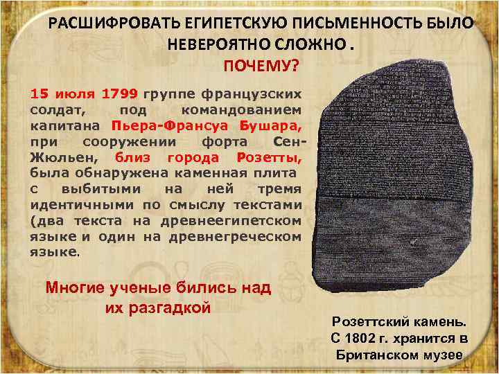 РАСШИФРОВАТЬ ЕГИПЕТСКУЮ ПИСЬМЕННОСТЬ БЫЛО НЕВЕРОЯТНО СЛОЖНО. ПОЧЕМУ? 15 июля 1799 группе французских солдат, под