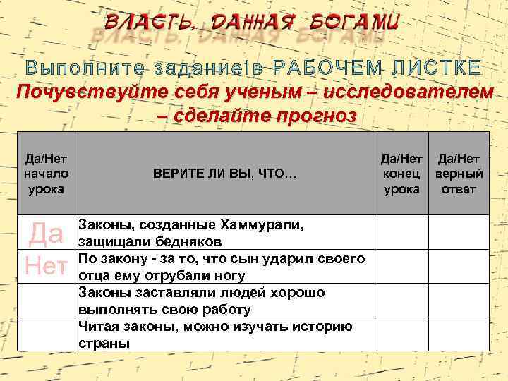 Почувствуйте себя ученым – исследователем – сделайте прогноз Да/Нет начало урока Да Нет ВЕРИТЕ