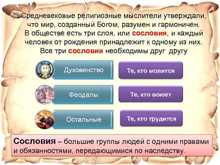 Средневековые религиозные мыслители утверждали, что мир, созданный Богом, разумен и гармоничен. В обществе есть