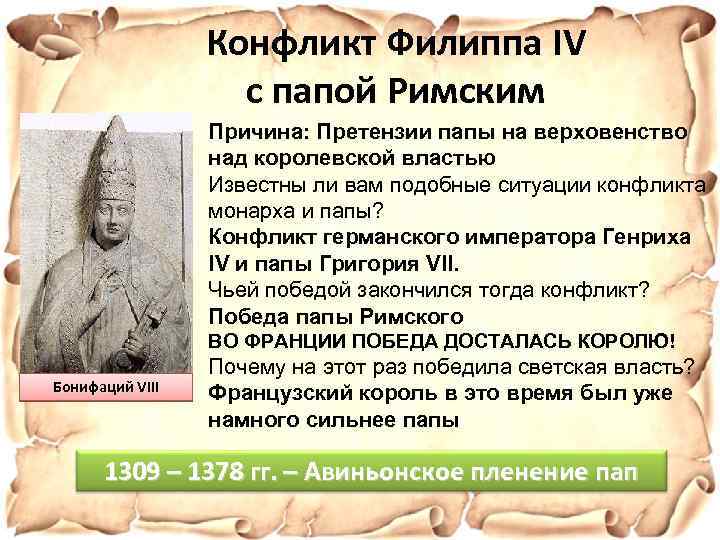 Конфликт Филиппа IV с папой Римским Причина: Претензии папы на верховенство над королевской властью