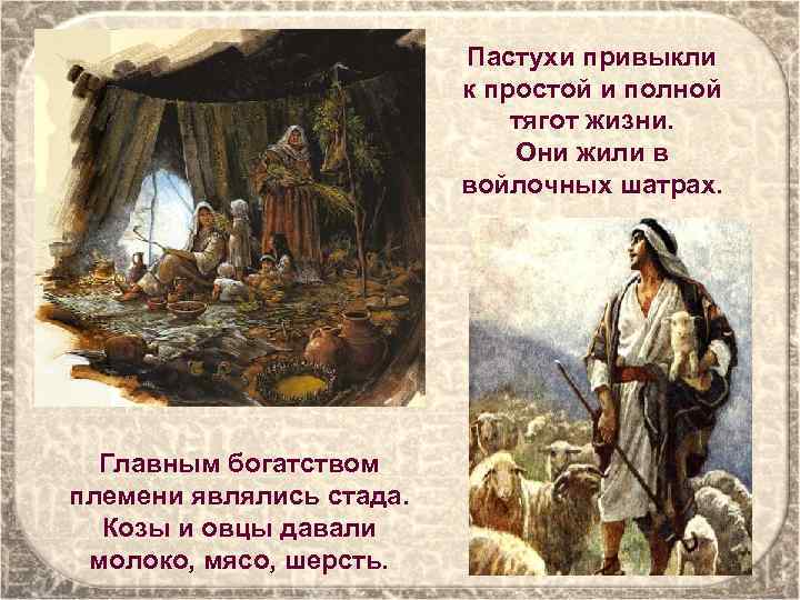 Пастухи привыкли к простой и полной тягот жизни. Они жили в войлочных шатрах. Главным