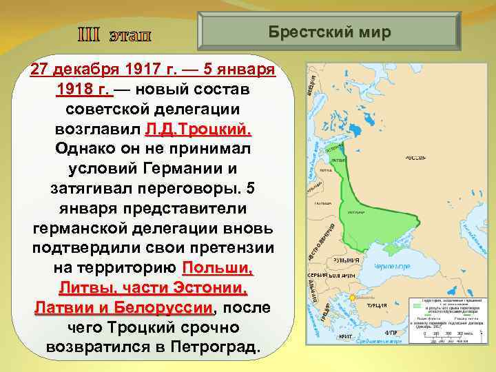 III этап Брестский мир 27 декабря 1917 г. — 5 января 1918 г. —