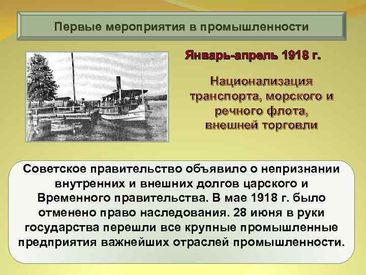 Первые мероприятия в промышленности Январь-апрель 1918 г. Национализация транспорта, морского и речного флота, внешней