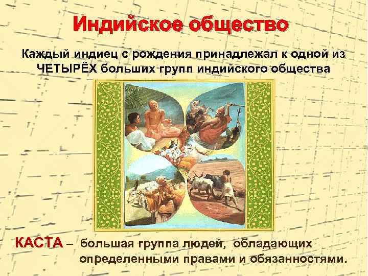 Индийское общество Каждый индиец с рождения принадлежал к одной из ЧЕТЫРЁХ больших групп индийского