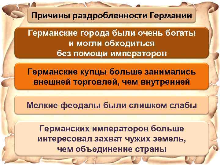 Причины раздробленности Германии Германские города были очень богаты и могли обходиться без помощи императоров