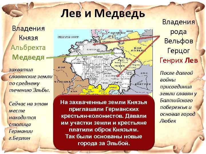 Лев и Медведь Владения Князя Альбрехта Медведя захватил славянские земли по среднему течению Эльбы.