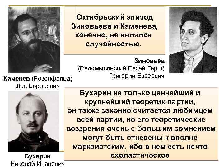 Октябрьский эпизод Зиновьева и Каменева, конечно, не являлся случайностью. Зиновьев (Радомысльский Евсей Герш) Григорий