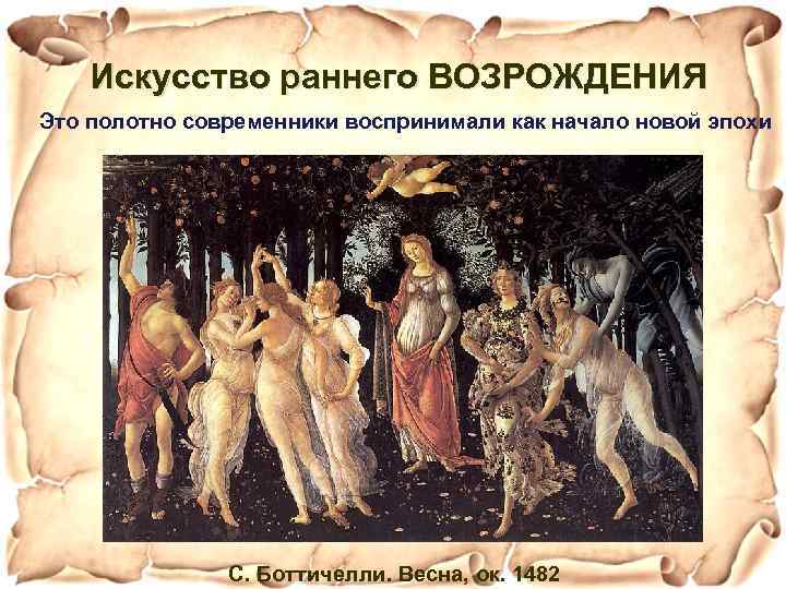 Искусство раннего ВОЗРОЖДЕНИЯ Это полотно современники воспринимали как начало новой эпохи С. Боттичелли. Весна,