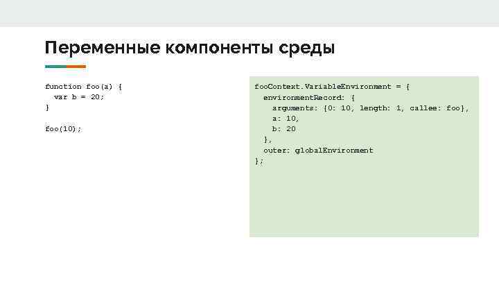 Переменные компоненты среды function foo(a) { var b = 20; } foo(10); foo. Context.