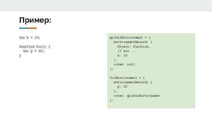 Пример: var x = 10; function foo() { var y = 20; } global.