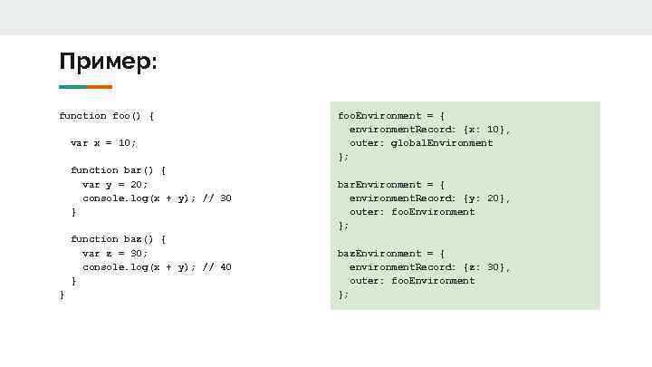 Пример: function foo() { var x = 10; function bar() { var y =