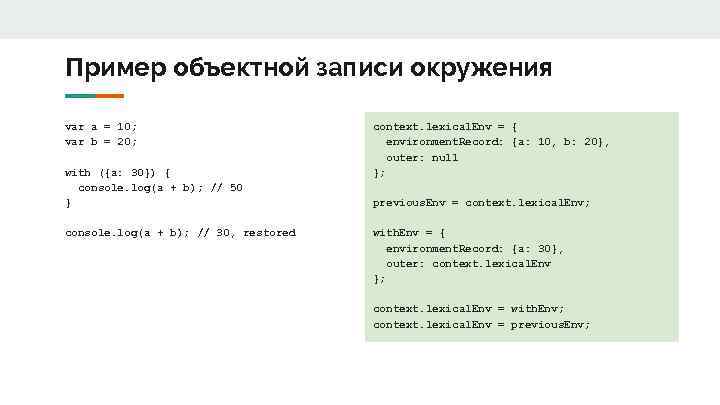 Пример объектной записи окружения var a = 10; var b = 20; with ({a: