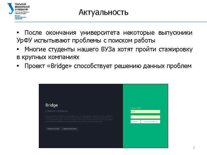 Актуальность • После окончания университета некоторые выпускники Ур. ФУ испытывают проблемы с поиском работы