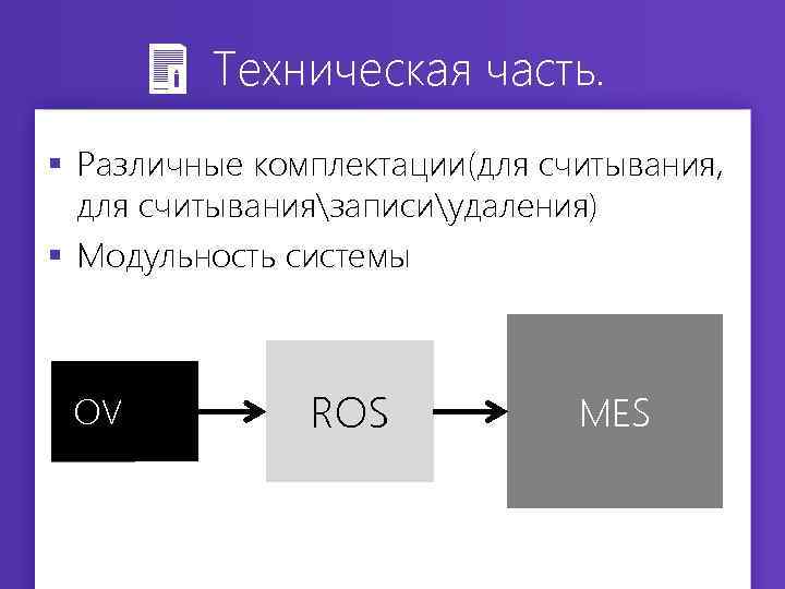 Техническая часть. § Различные комплектации(для считывания, для считываниязаписиудаления) § Модульность системы OVMD ROS MES