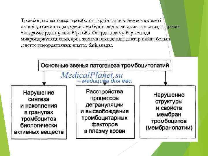 Тромбоцитопатиялар- тромбоциттердің сапасы немесе қызметі өзгеріп, гомеостаздық үдерістер бүлінгендіктен дамитын сырқаттар мен синдромдардың үлкен