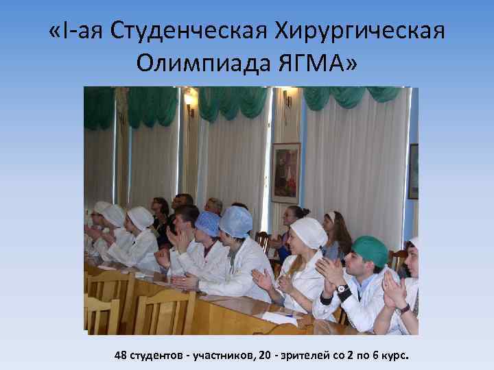  «I-ая Студенческая Хирургическая Олимпиада ЯГМА» 48 студентов - участников, 20 - зрителей со