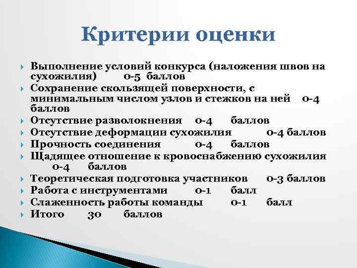 Критерии оценки Выполнение условий конкурса (наложения швов на сухожилия) 0 -5 баллов Сохранение скользящей