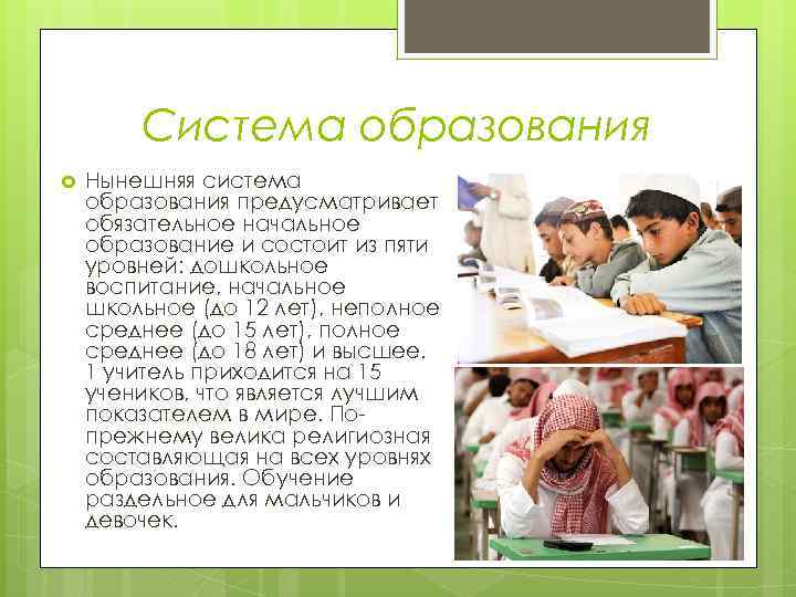 Система образования Нынешняя система образования предусматривает обязательное начальное образование и состоит из пяти уровней: