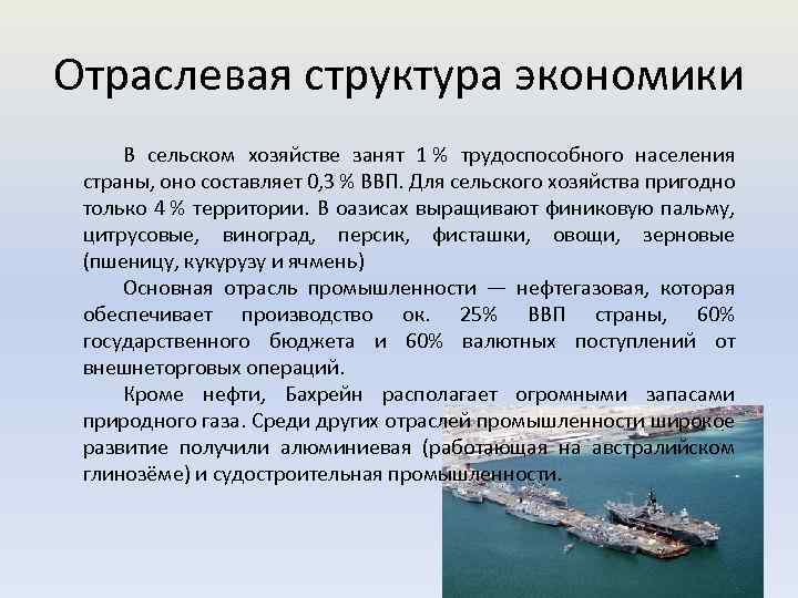 Отраслевая структура экономики В сельском хозяйстве занят 1 % трудоспособного населения страны, оно составляет