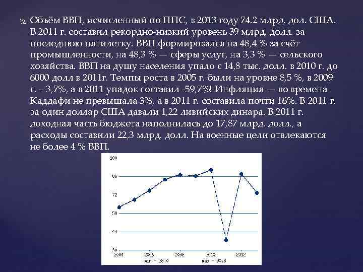  Объём ВВП, исчисленный по ППС, в 2013 году 74. 2 млрд. дол. США.