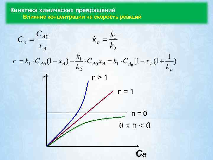  Кинетика химических превращений Влияние концентрации на скорость реакций r n > 1 n