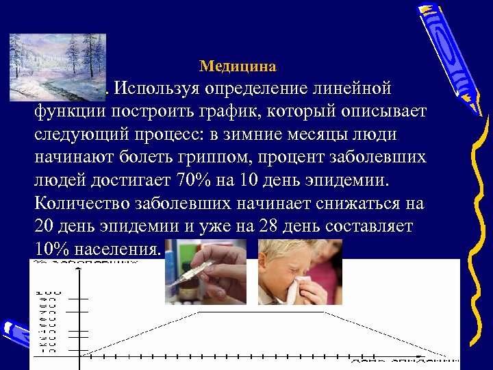 Медицина Пример 4. Используя определение линейной функции построить график, который описывает следующий процесс: в