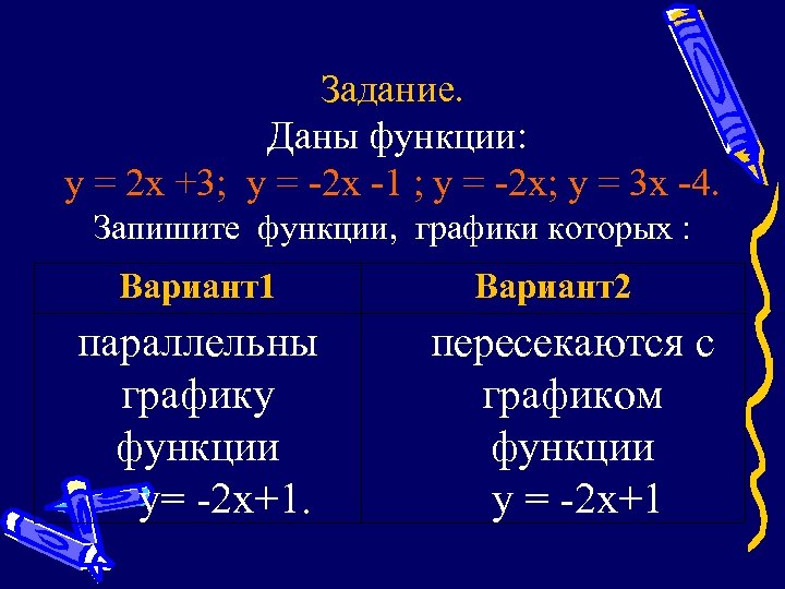 Задание. Даны функции: у = 2 х +3; у = -2 х -1 ;