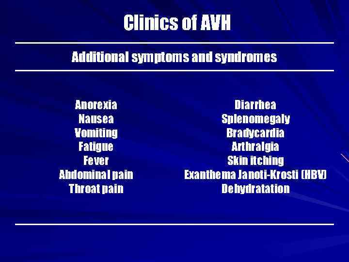 Clinics of AVH Additional symptoms and syndromes Anorexia Nausea Vomiting Fatigue Fever Abdominal pain