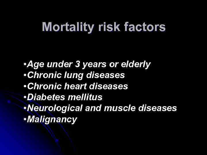 Mortality risk factors • Age under 3 years or elderly • Chronic lung diseases